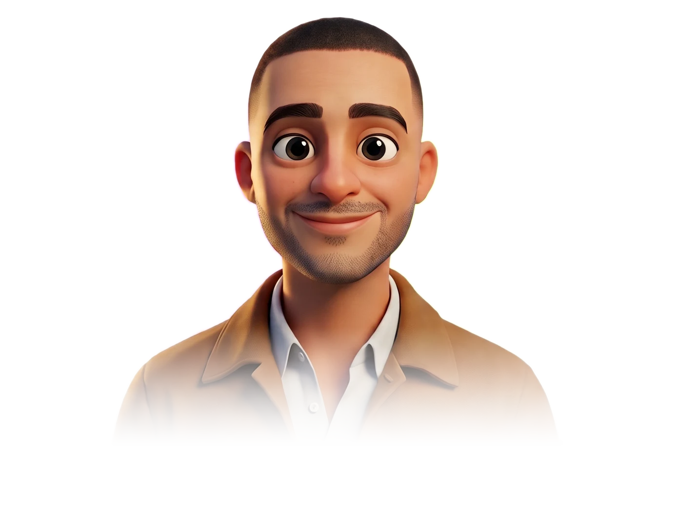 3D cartoon avatar of Ahmed Alaalden, smiling, in a tan jacket and white shirt