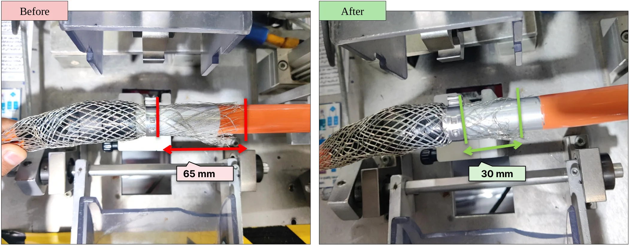 Inverter-side shield: before / after, cut 700 → 665 mm