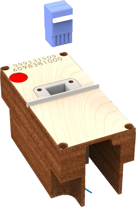3D render of the redesigned anti-back test jig with a connector above it